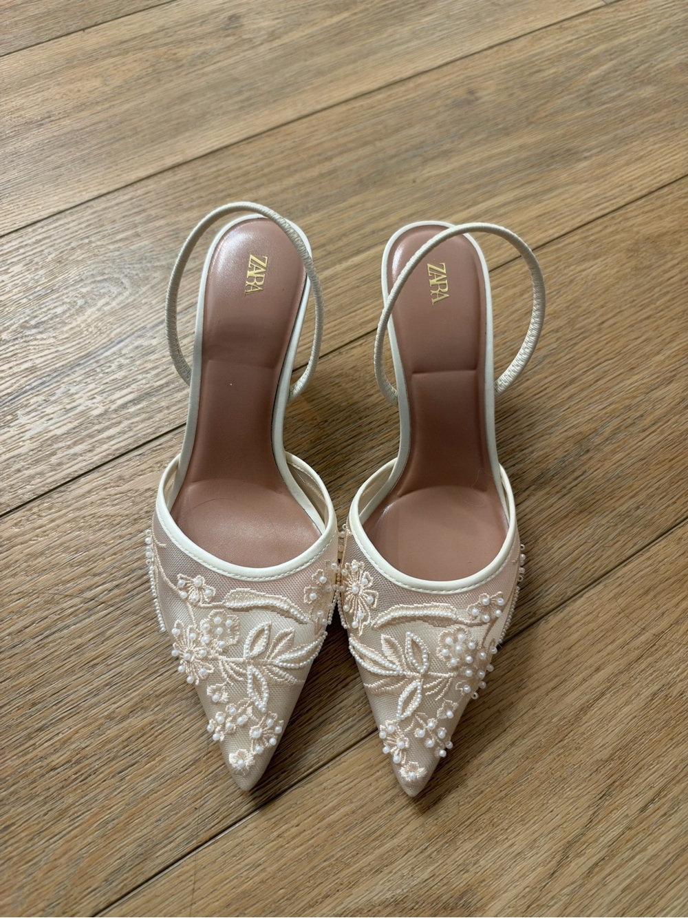 Zara Ivory Embroidered Pointed-Toe Slingback Heels